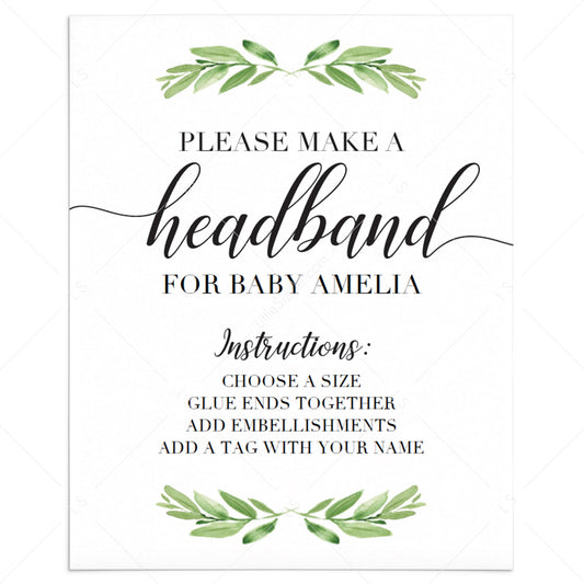 Headband station instructions sign for greenery baby shower by LittleSizzle