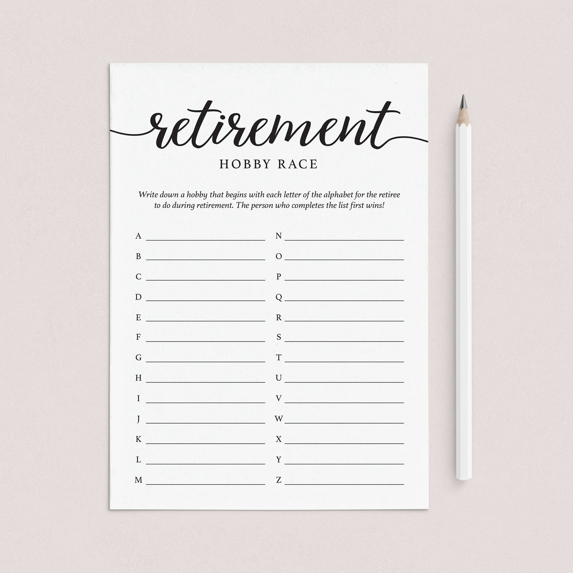 Minimal Calligraphy Retirement Party Game Hobby Race Printable by LittleSizzle