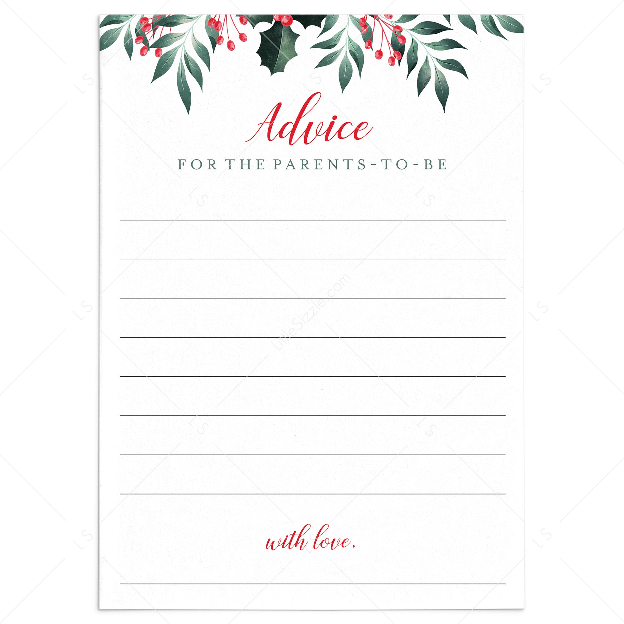 Printable Advice Cards for New Parents with Christmas Holly and Berries by LittleSizzle