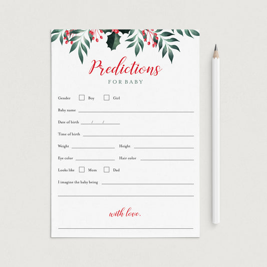 Holiday Greenery Baby Shower Predictions Card Printable by LittleSizzle
