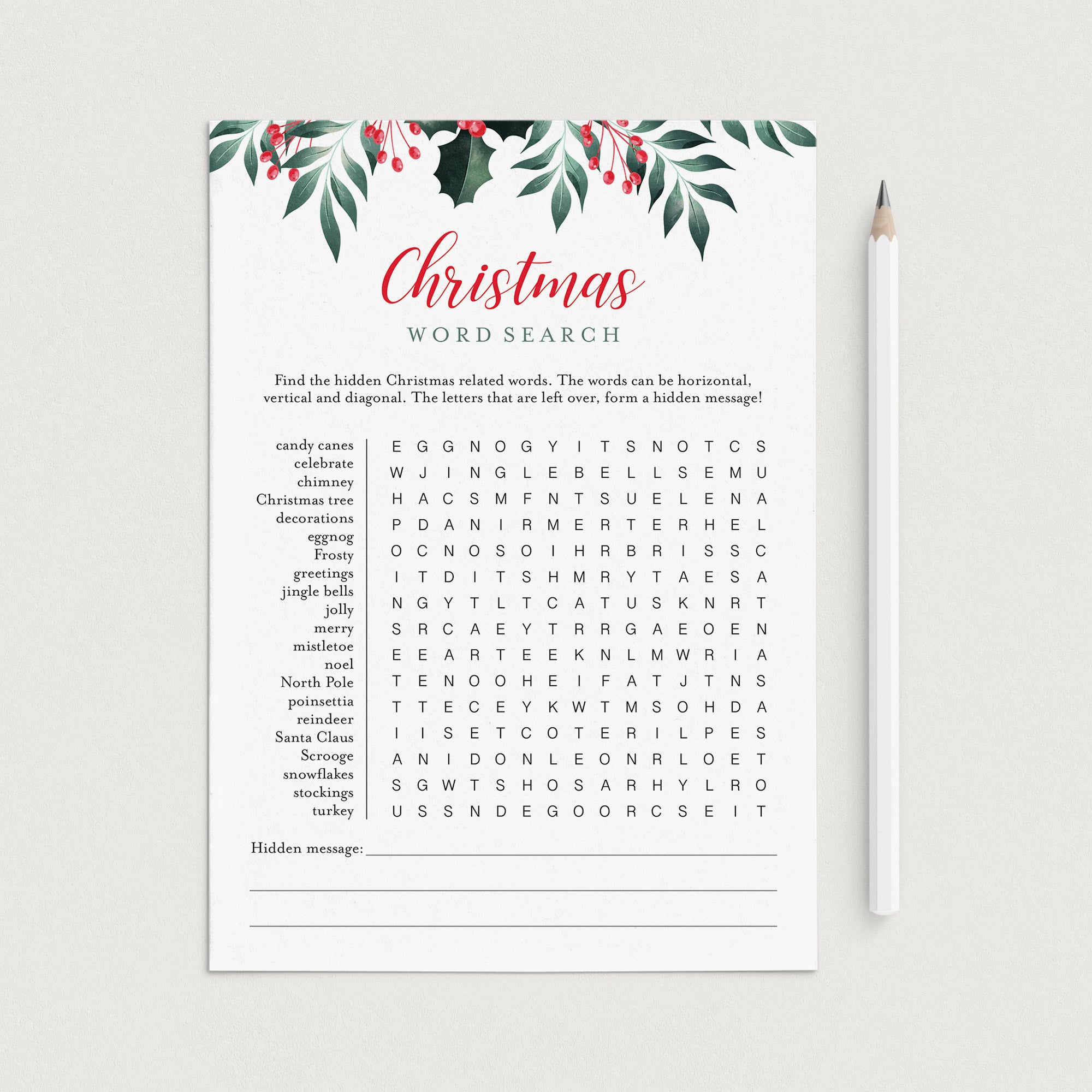 Greenery Christmas Word Search Game Printable by LittleSizzle