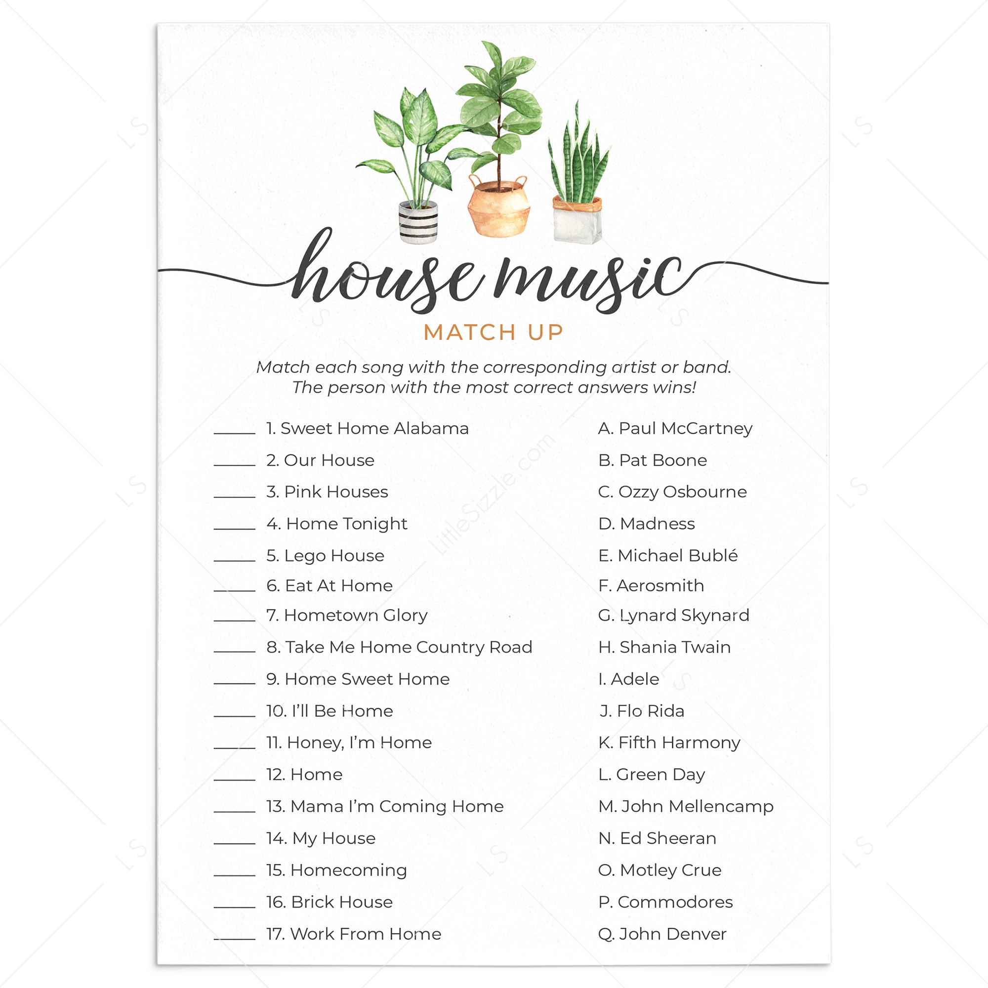 Housewarming Music Match Up Game with Answer Key Printable by LittleSizzle