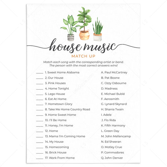 Housewarming Music Match Up Game with Answer Key Printable by LittleSizzle