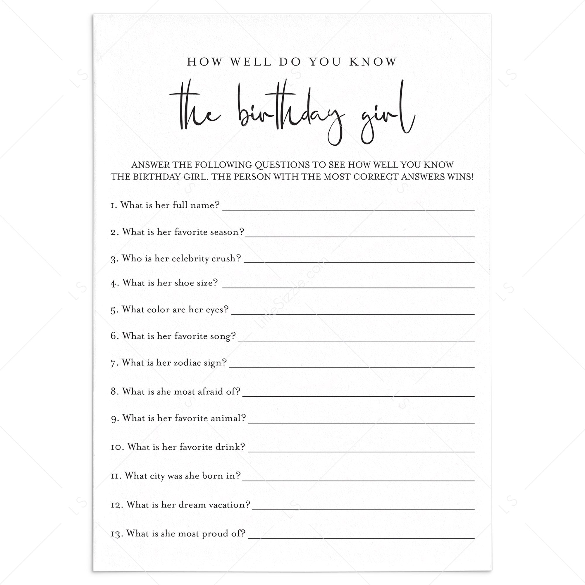 Womens Birthday Game Printable How Well Do You Know The Birthday Girl by LittleSizzle
