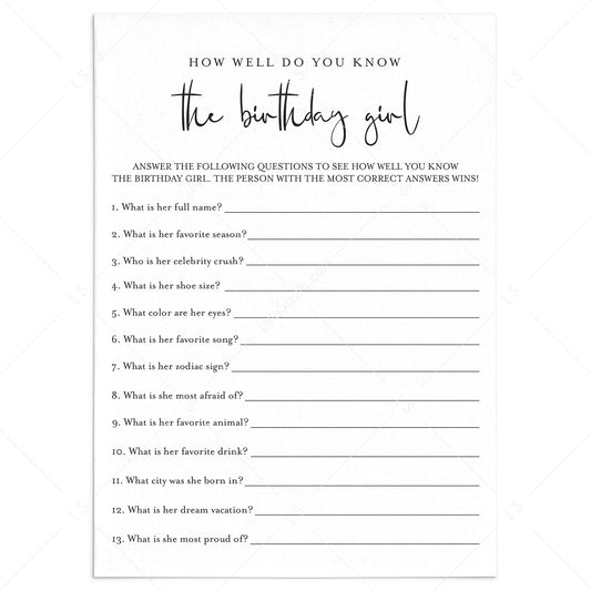 Womens Birthday Game Printable How Well Do You Know The Birthday Girl by LittleSizzle