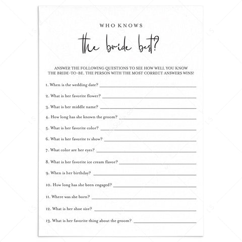 Who Knows The Bride Best Game Printable | Modern Minimalist – LittleSizzle