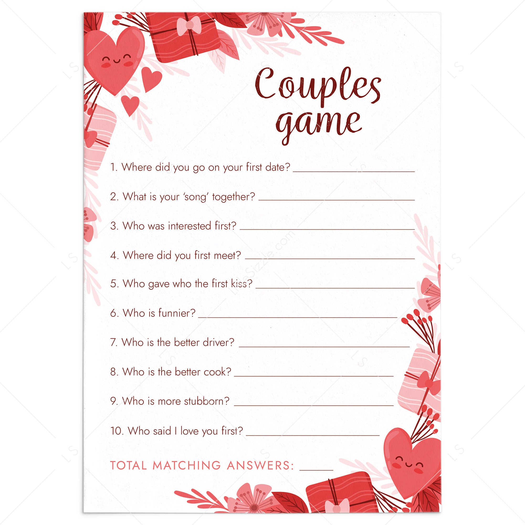 Couples Game Questions for Parties Printable by LittleSizzle