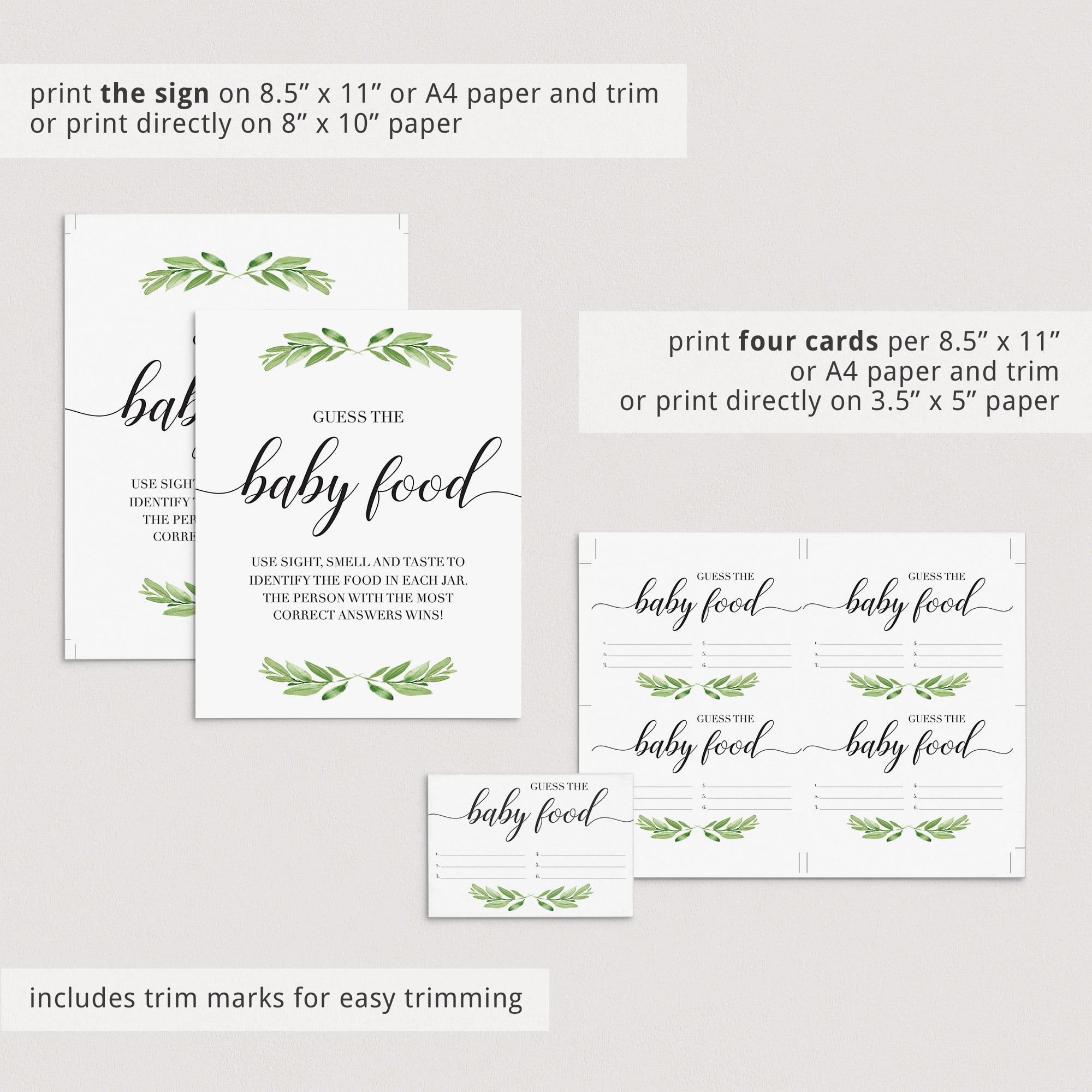 Green leaf baby food baby shower games printables by LittleSizzle