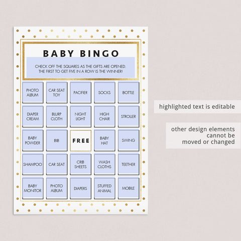 Gold glitter shower printable bingo cards, blank and 30 prefilled cards ...