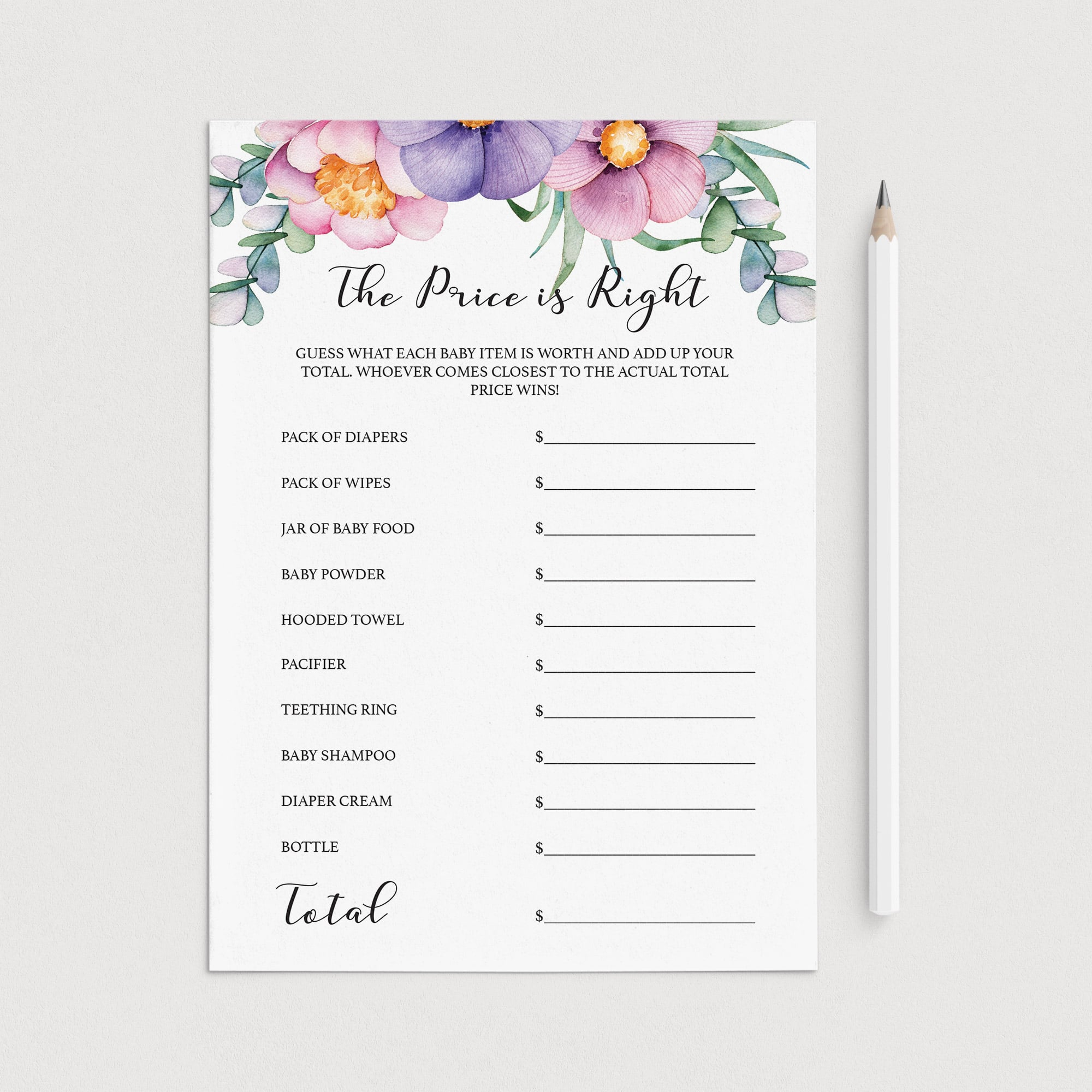 Purple flower baby shower game the price is right printable by Littlesizzle
