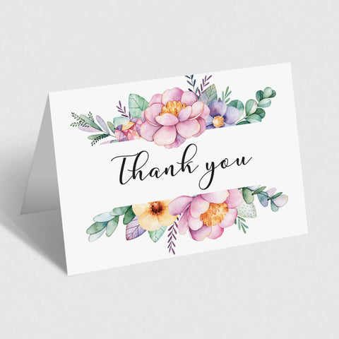 Printable Thank You card with pink flowers | Instant download flat and ...