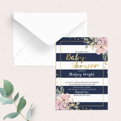 Pink, Gold and Navy Baby Shower Invitation - Florals, Confetti and Stripes