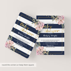 Pink, Gold and Navy Baby Shower Invitation - Florals, Confetti and Stripes