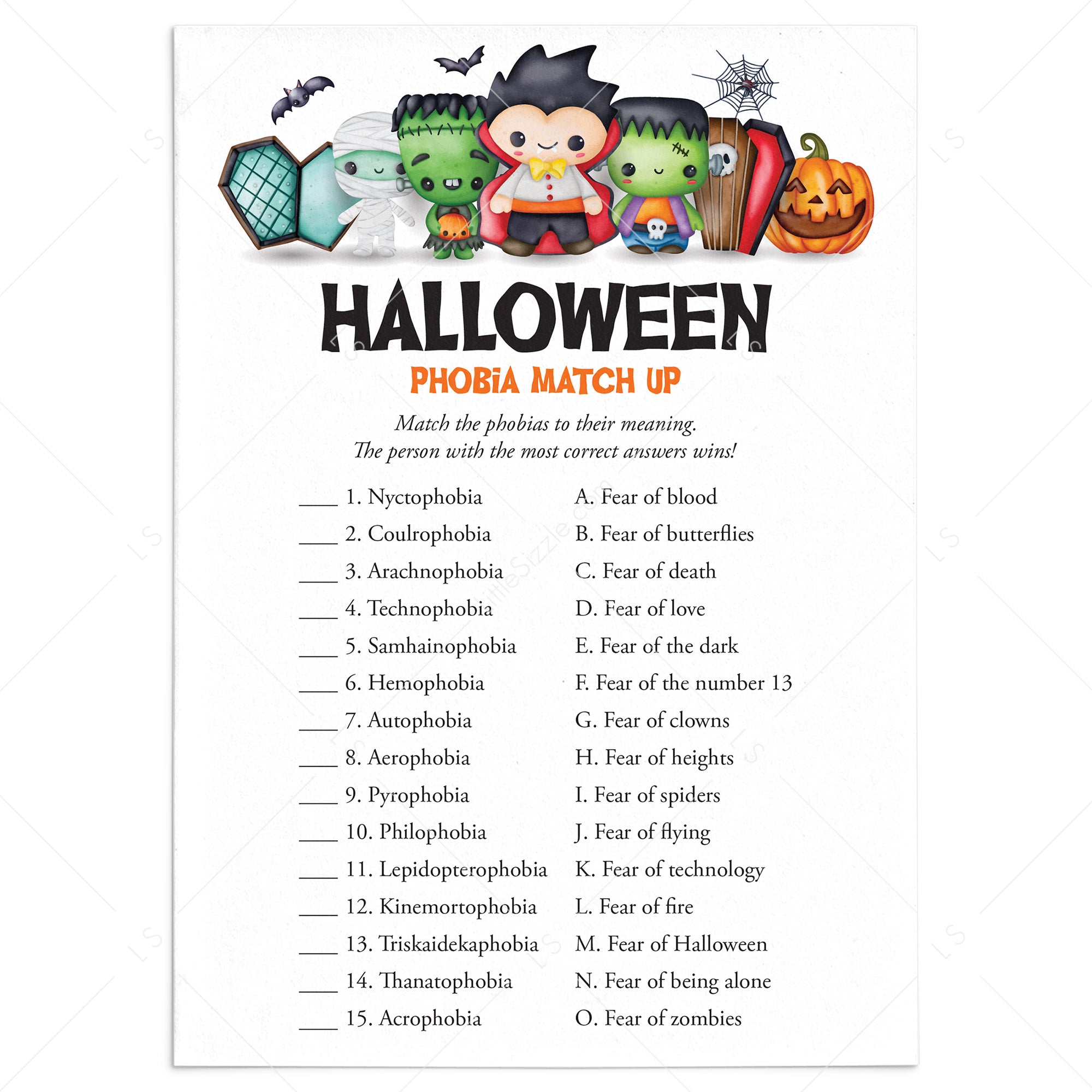 Halloween Phobia Match Up with Answer Key Printable by LittleSizzle