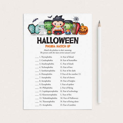 Halloween Phobia Match Up with Answer Key Printable – LittleSizzle