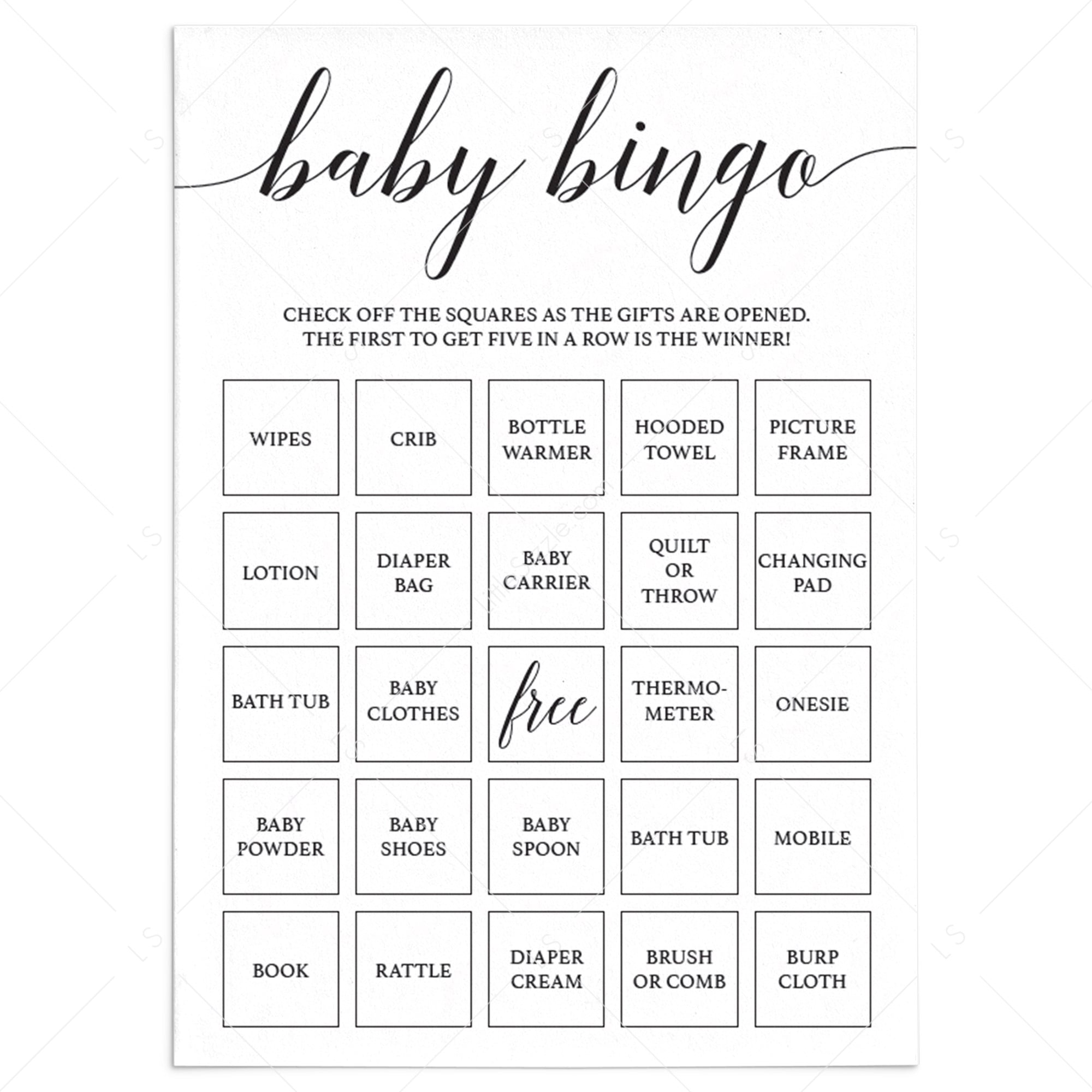 Prefilled baby bingo cards instant download by LittleSizzle