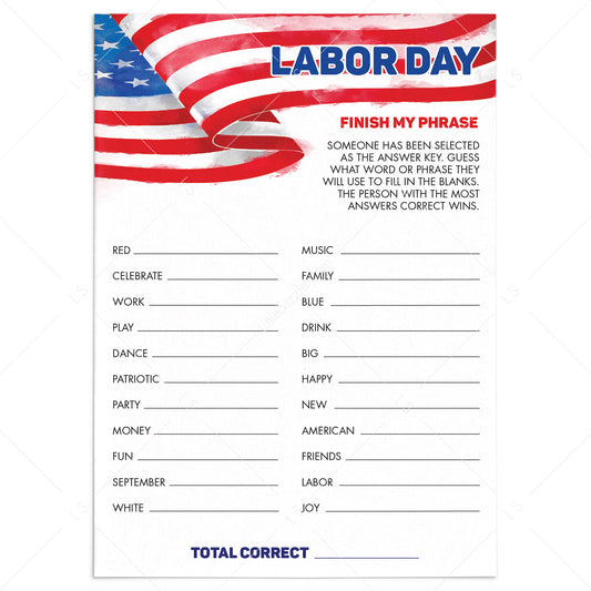 Labor Day Party Game for Groups Printable Finish My Phrase by LittleSizzle