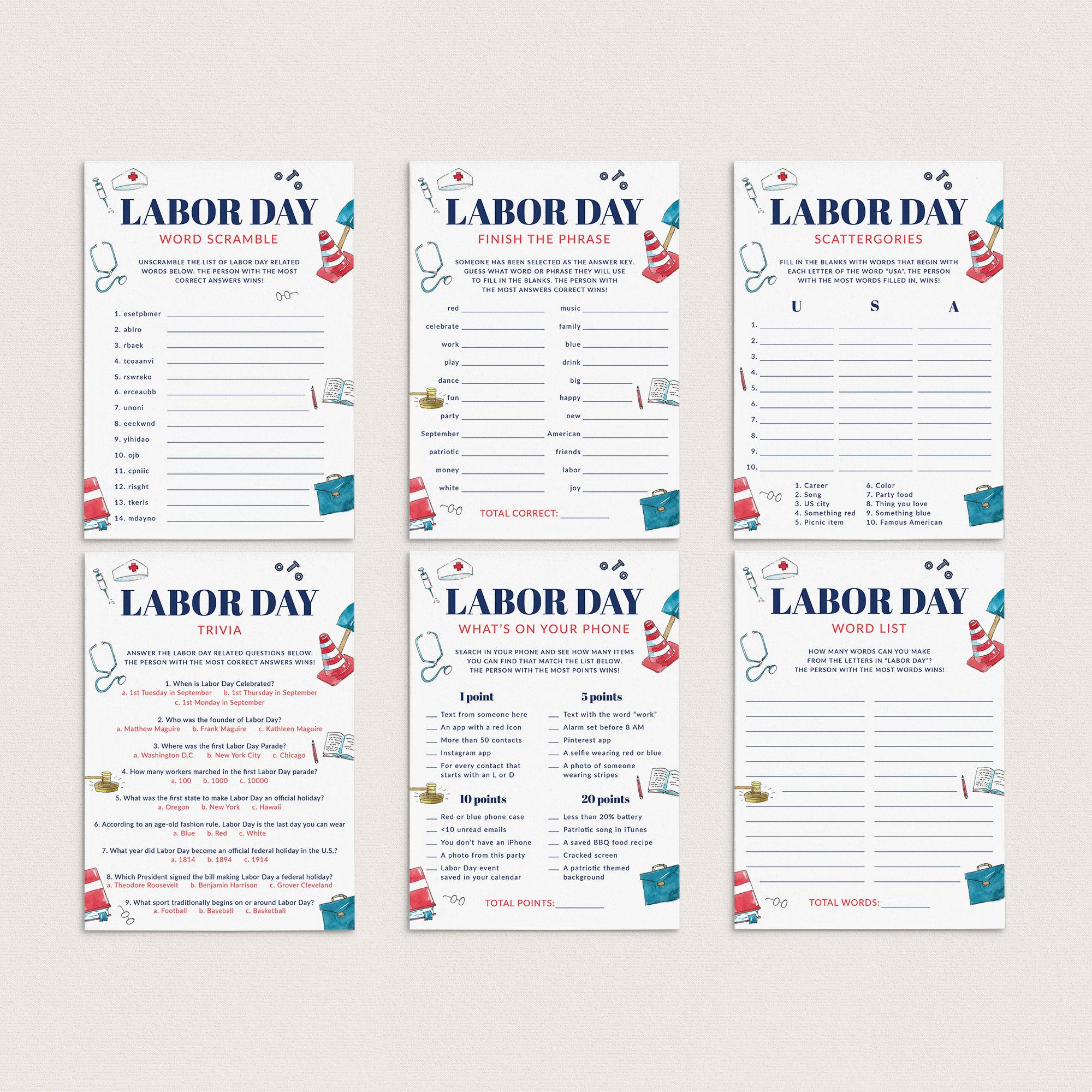 Printable US Labor Day Games for Family by LittleSizzle