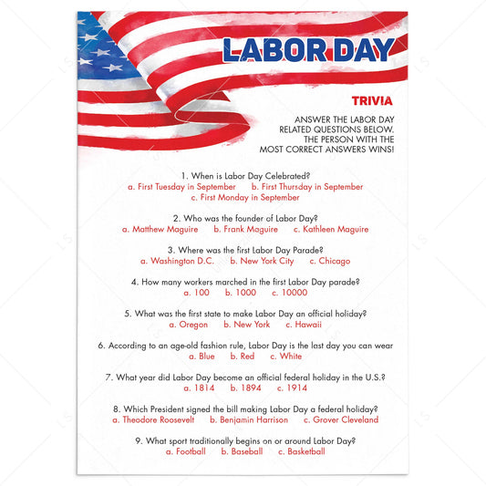 Labor Day Trivia Quiz Printable with Answers by LittleSizzle