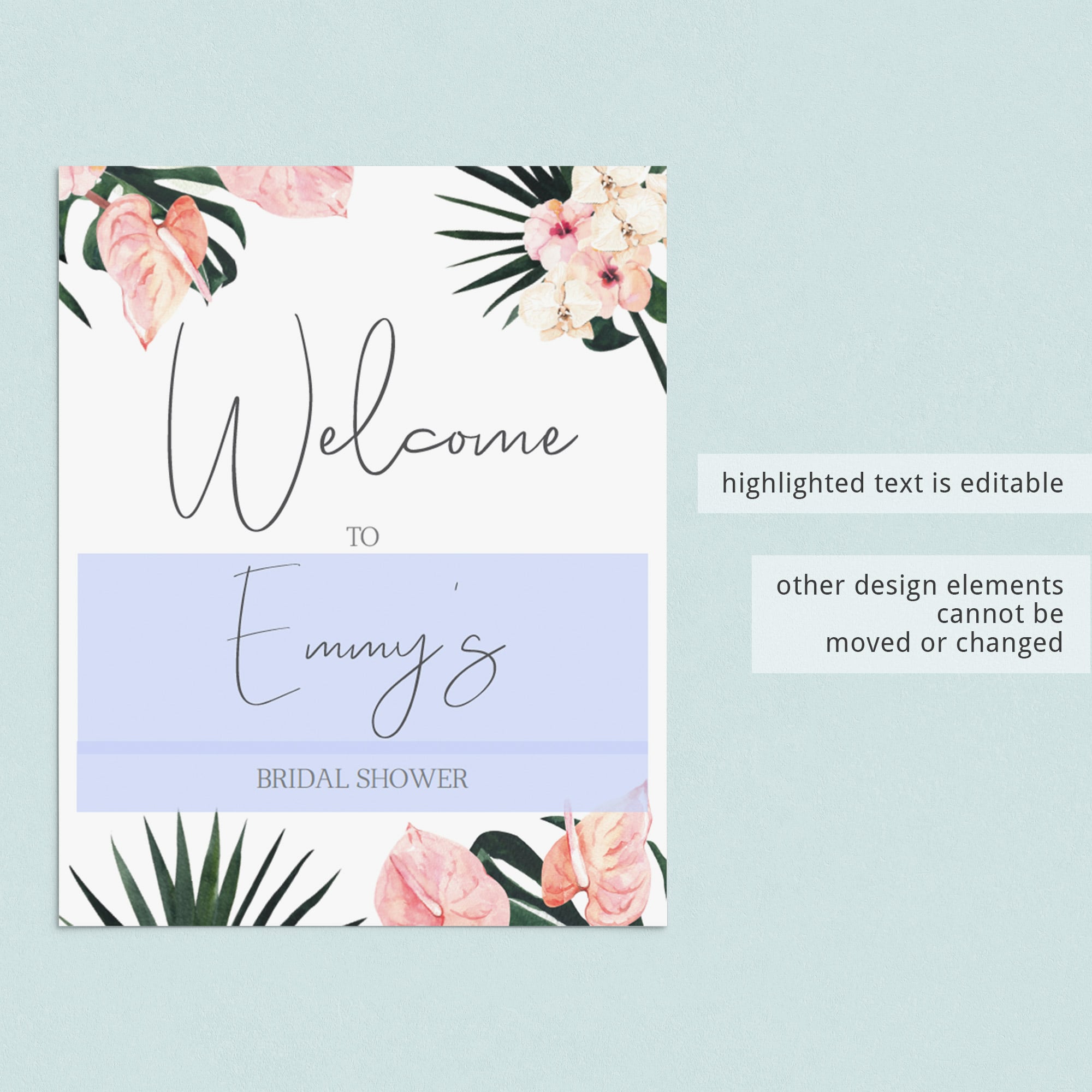 Large bridal shower welcome sign template tropical theme by LittleSizzle