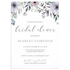 DIY Bridal Shower Invitation Template with Purple Flowers by LittleSizzle