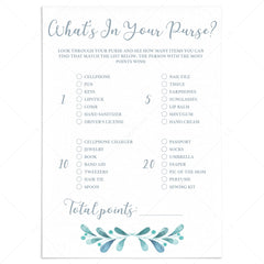 Watercolor Baby Shower Whats In Your Purse Game Printable by LittleSizzle