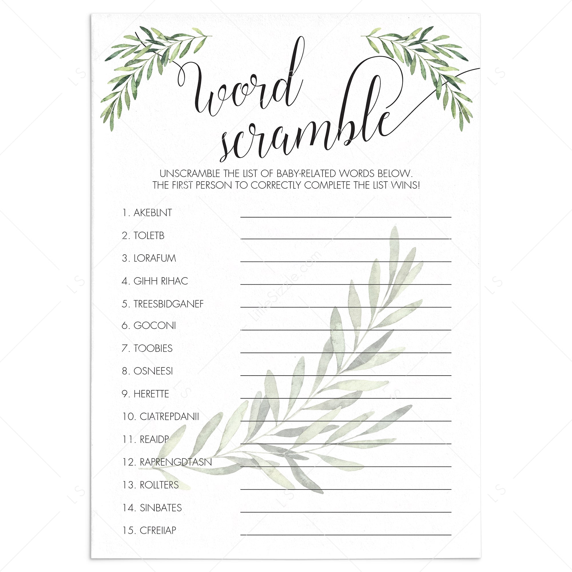 Botanical Baby Shower Game Baby Word Scramble Printable by LittleSizzle