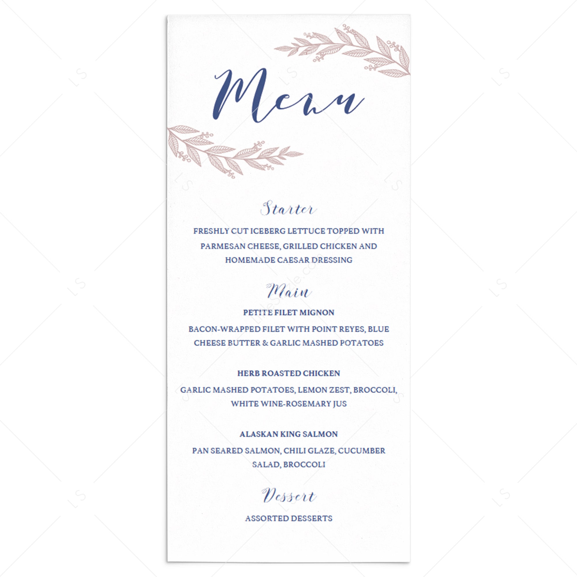 Navy and pink menu cards printable by LittleSizzle