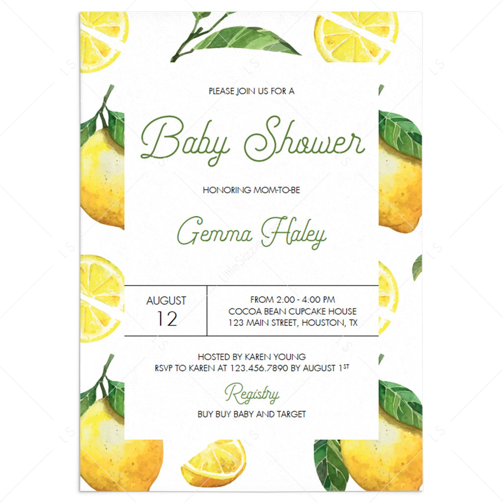 Summer Baby Shower invitation template with lemons and greenery – LittleSizzle summer-baby-shower-invitation-template-with-lemons-and-greenery-littlesizzle