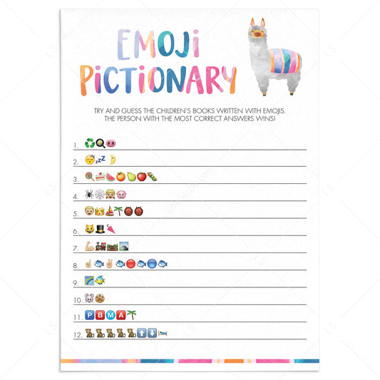 Llama Baby Shower Emoji Pictionary Game Printable by LittleSizzle