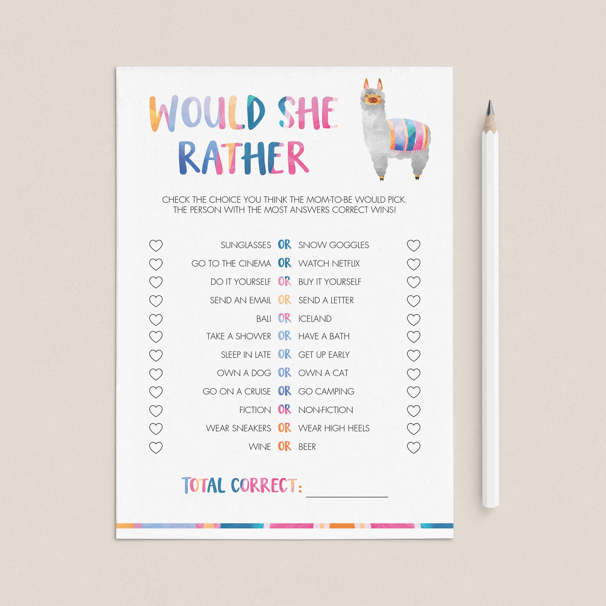 Llama baby shower games printable would she rather by LittleSizzle