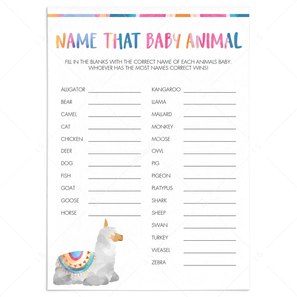 Printable Llama Baby Shower Games | Name That Baby Animal – LittleSizzle