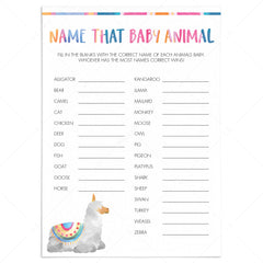 Llama baby shower games name that baby animal printable by LittleSizzle
