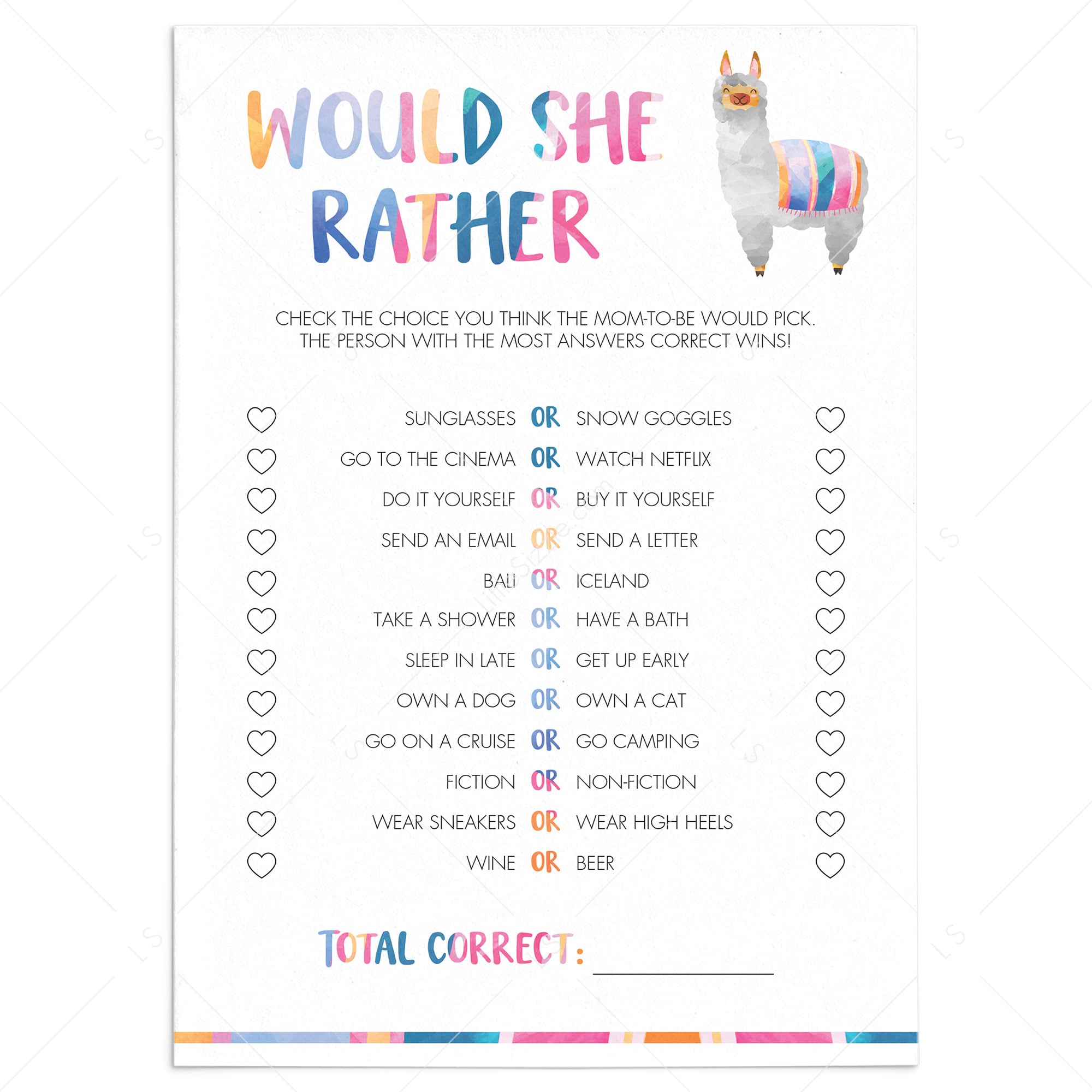 Llama Baby Shower Mommy Quiz Printable by LittleSizzle