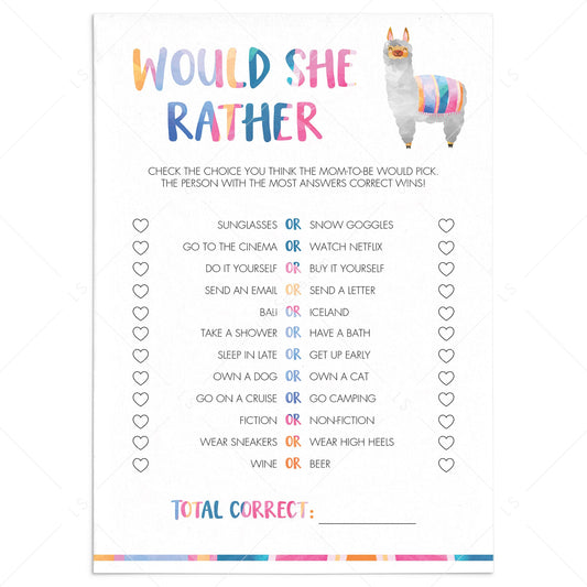 Llama Baby Shower Mommy Quiz Printable by LittleSizzle