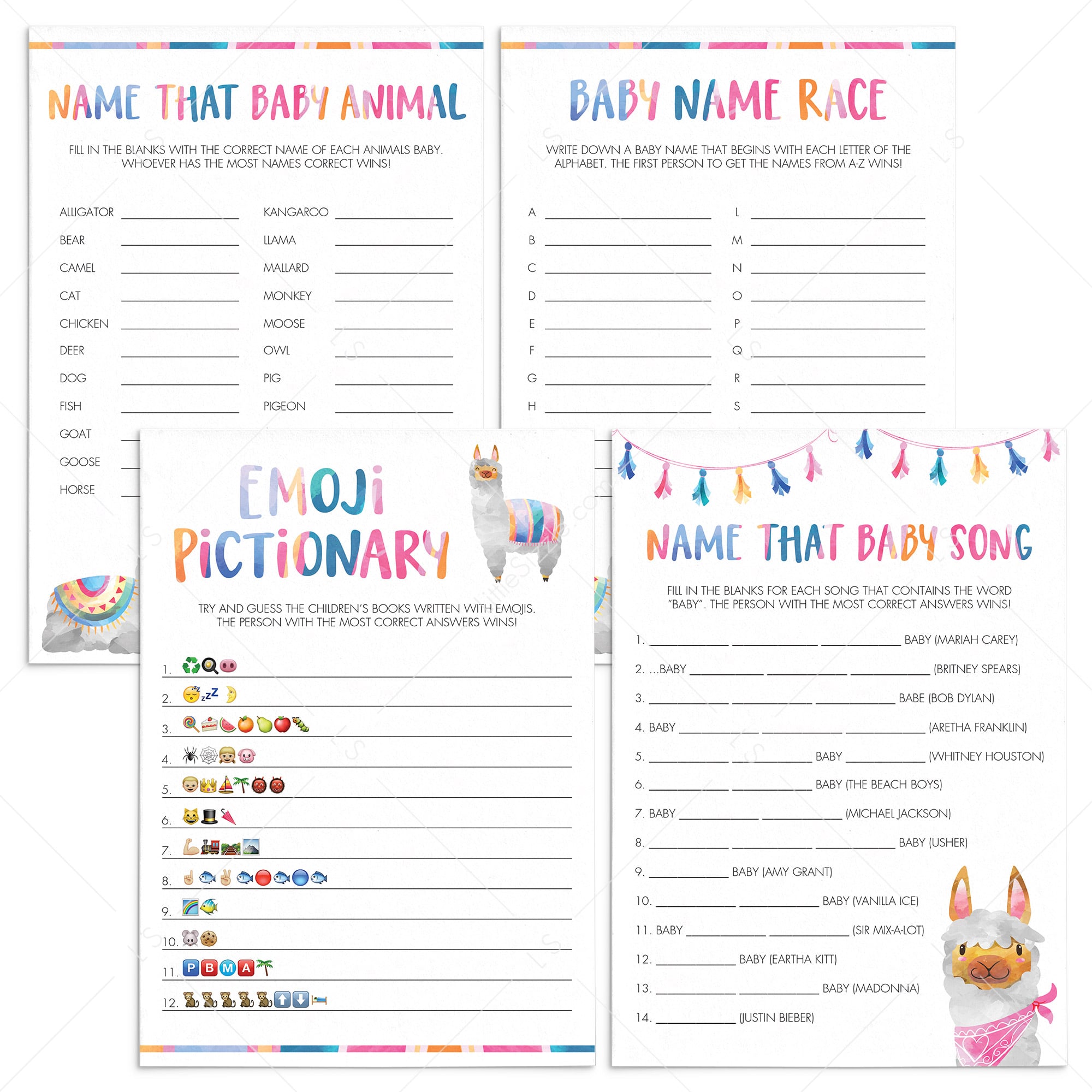 Llama Baby Shower Games Bundle Instant Download by LittleSizzle