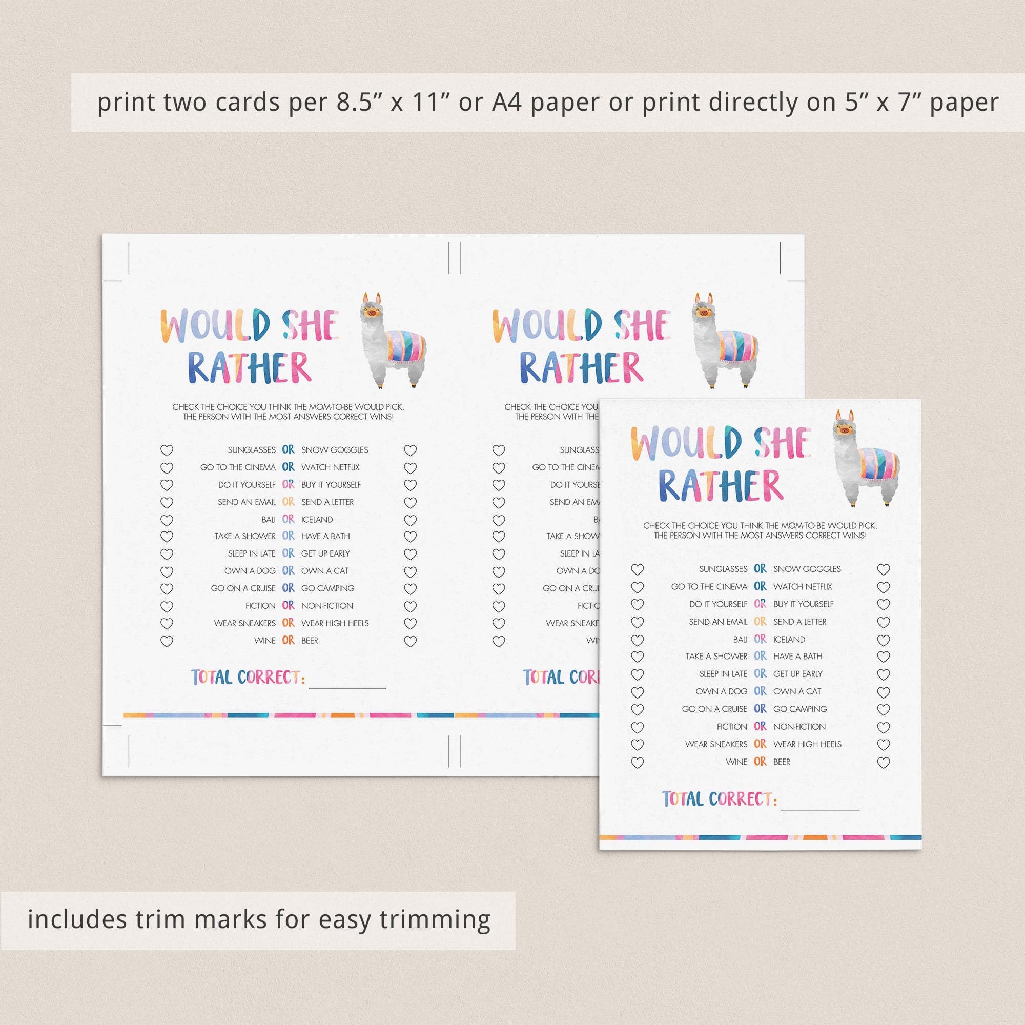 Alpaca baby shower games printable would she rather mommy quiz by LittleSizzle