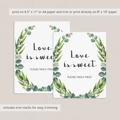 eucalyptus leaf favors sign for bridal shower decorations