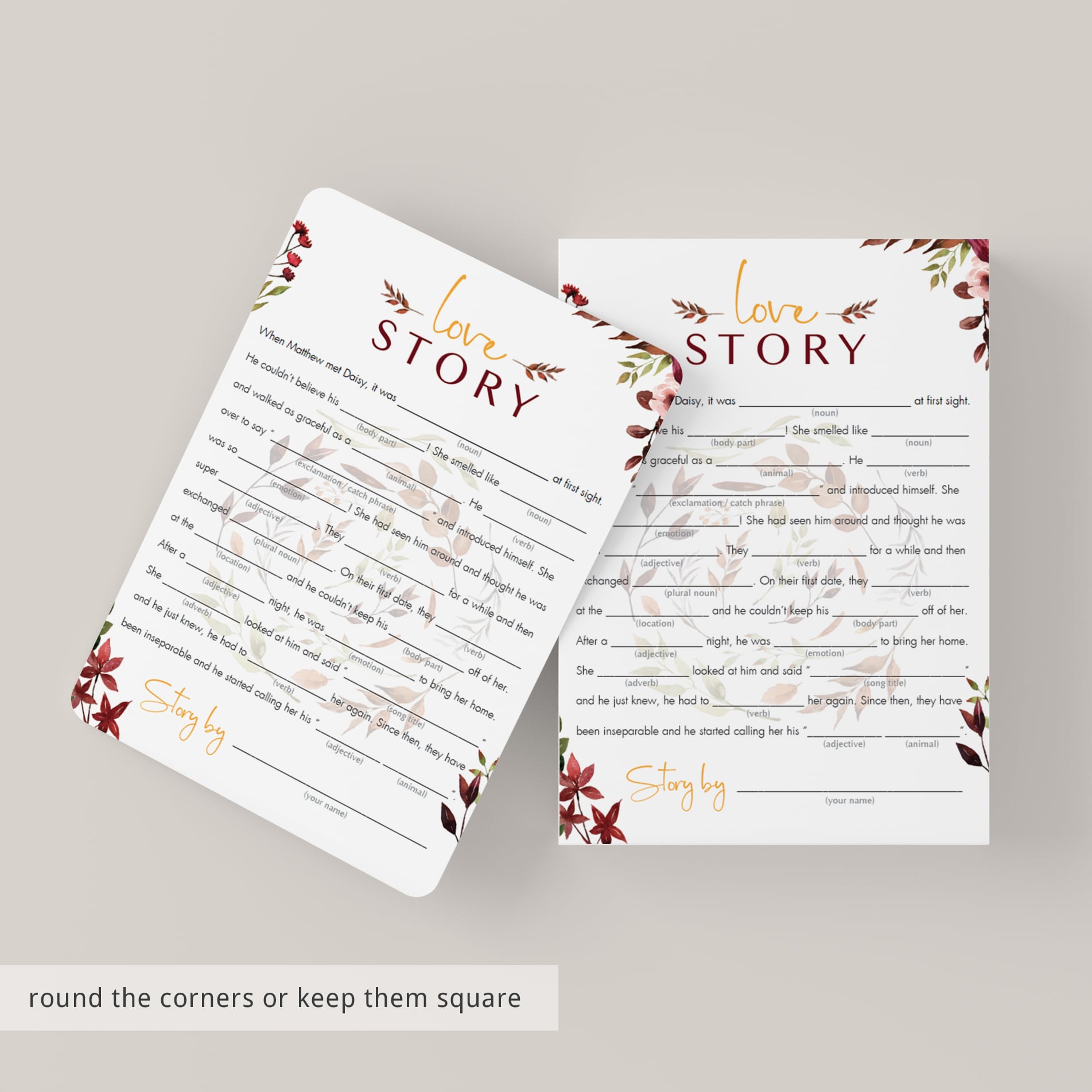 Printable love story game editable template floral by LittleSizzle