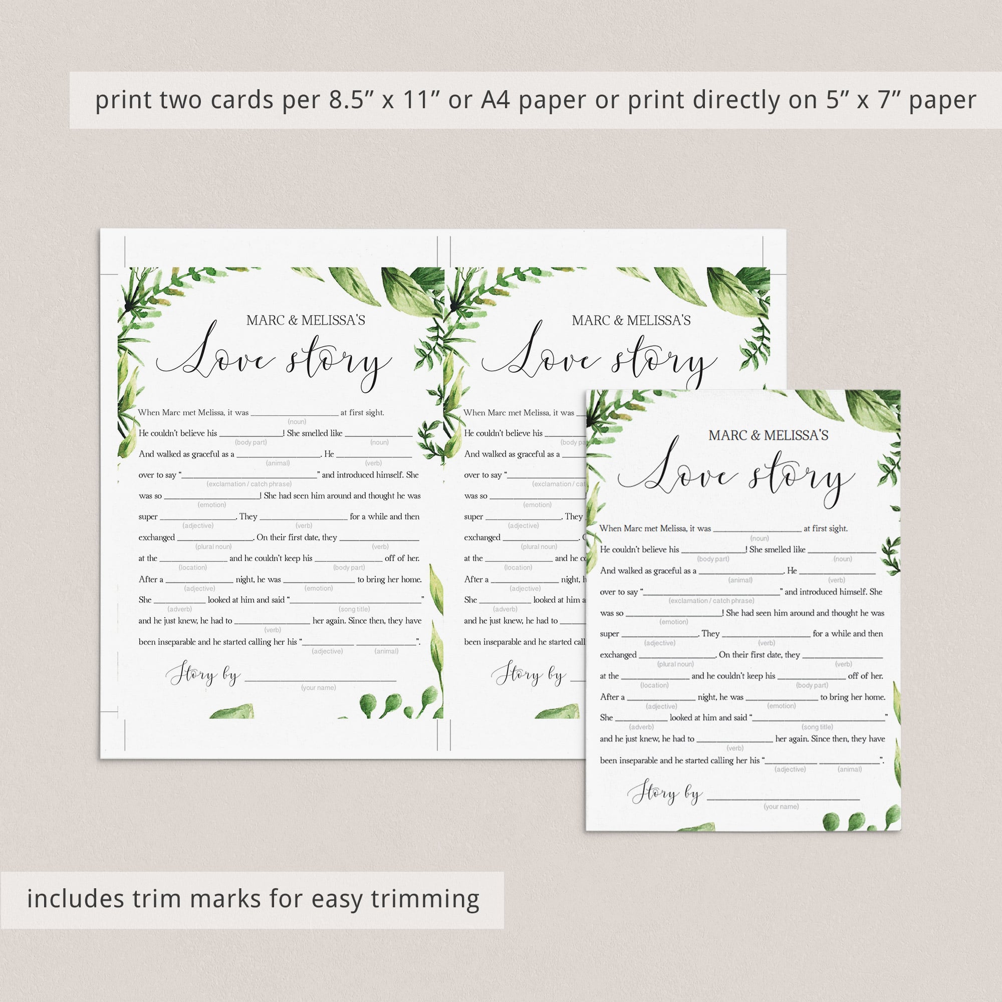 printable bridal shower mad libs game cards green leaves