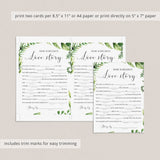 printable bridal shower mad libs game cards green leaves