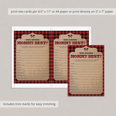Lumberjack mommy quiz for baby shower printable by LittleSizzle