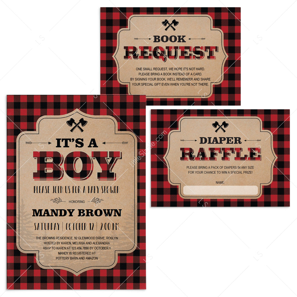 Diaper Raffle Free Buffalo Plaid Baby Shower Invitations Rustic