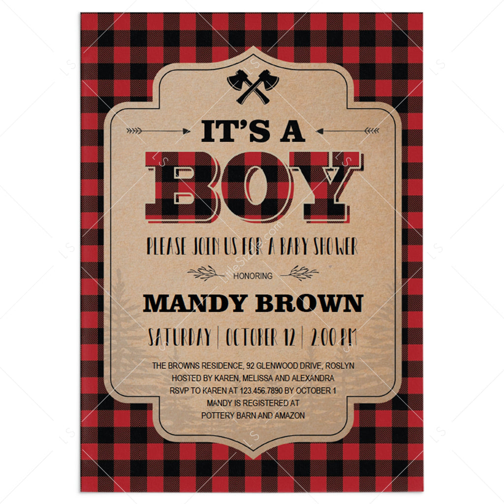 Lumberjack Baby Shower Invitation Template Buffalo Plaid