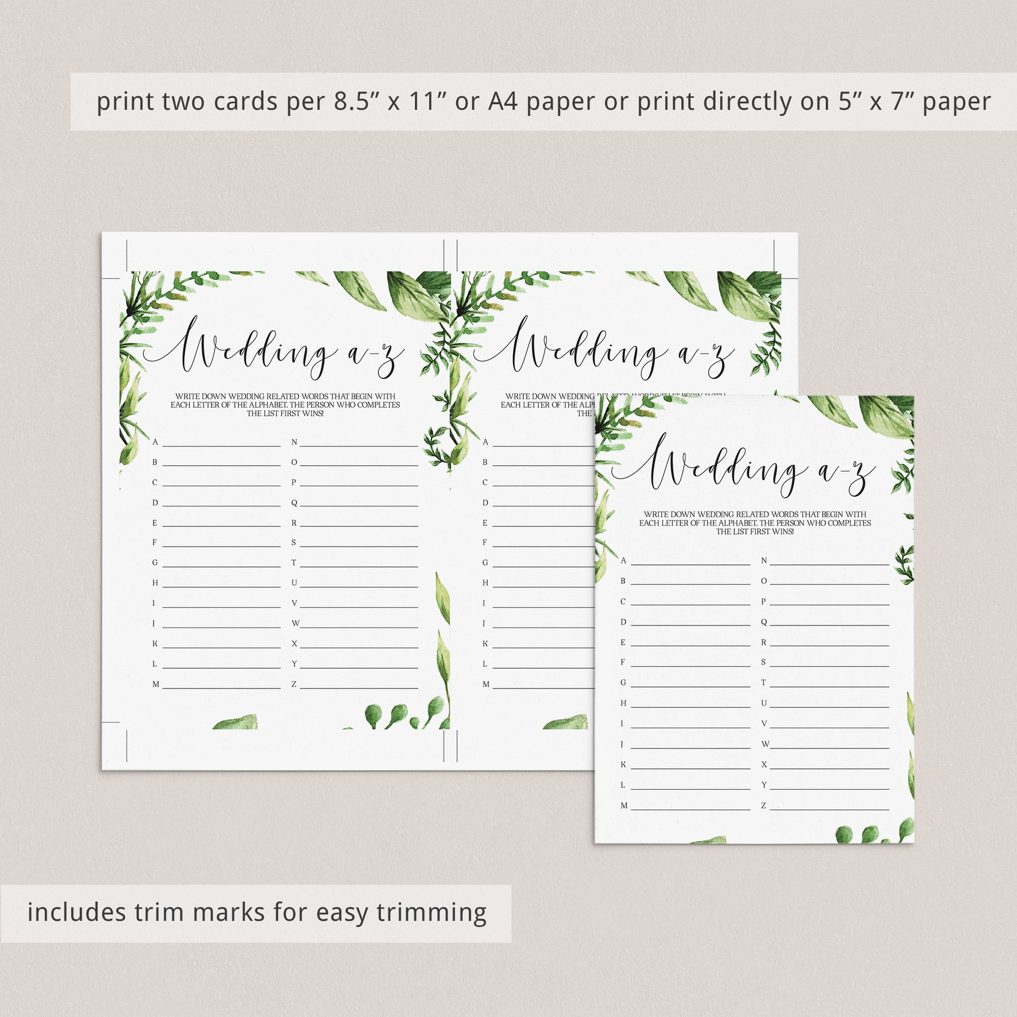 watercolour greenery wedding alphabet game cards template