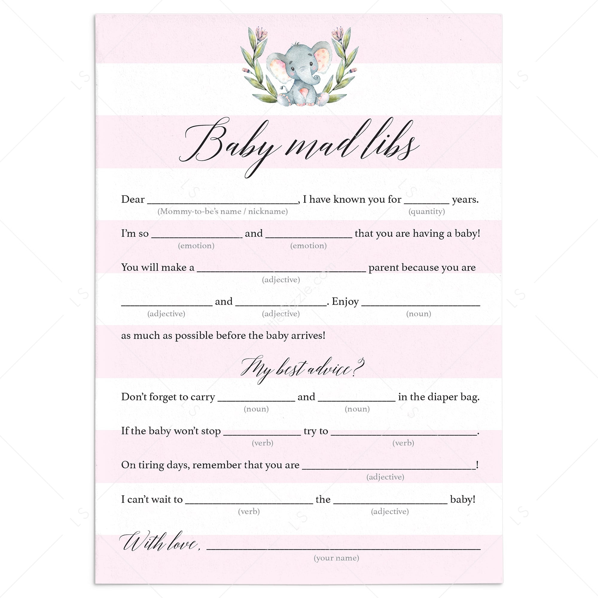 Elephant baby shower mad libs game printable by LittleSizzle