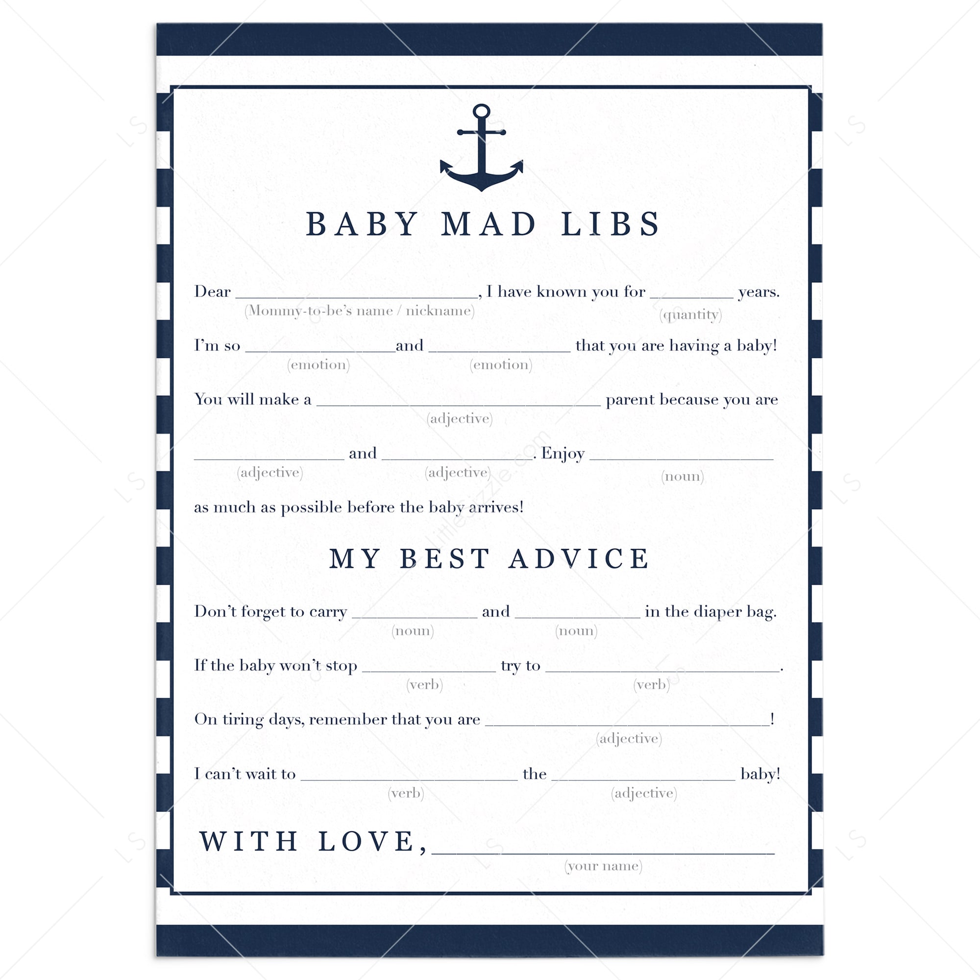 Nautical baby shower games baby mad libs advice cards by LittleSizzle