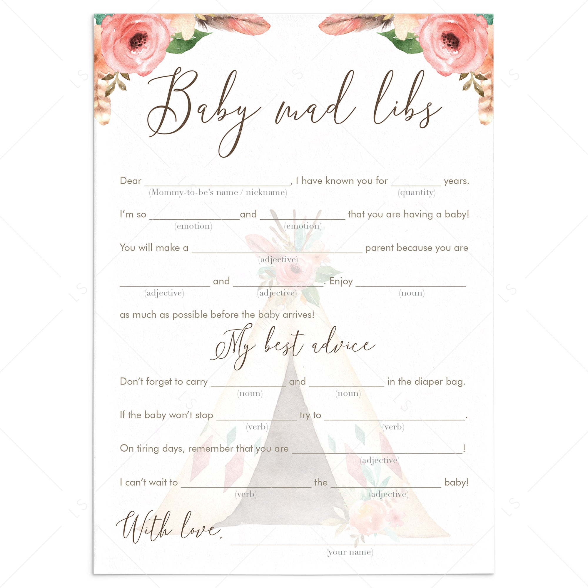 Baby Madlibs Game Floral Tribal Baby Shower by LittleSizzle