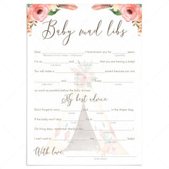 Baby Madlibs Game Floral Tribal Baby Shower by LittleSizzle