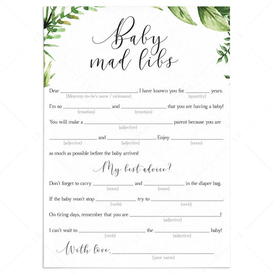 Baby madlibs baby shower advice card with green leaves by LittleSizzle